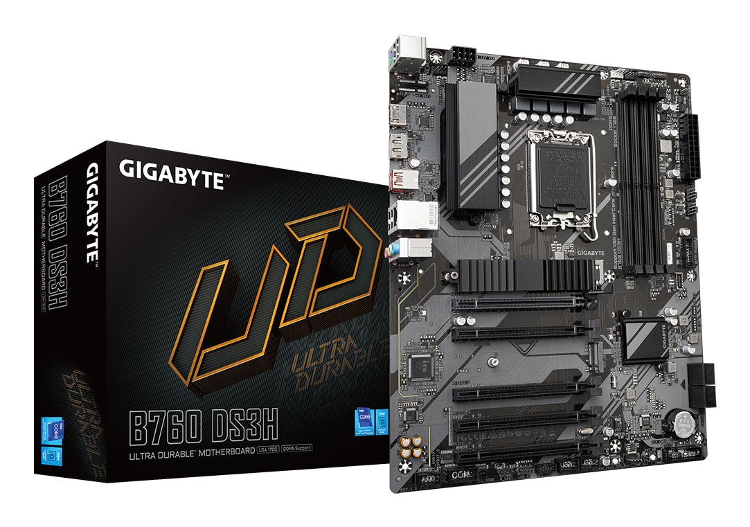 GIGABYTE B760 DS3H Mainboard - Unterstützt Intel Core Prozessoren der 14. Generation, 8+2+1 Phasen digitales VRM, bis zu 7600MHz DDR5 (OC), 2x PCIe 4.0 M.2, GbE LAN, USB 3.2 Gen 2x2