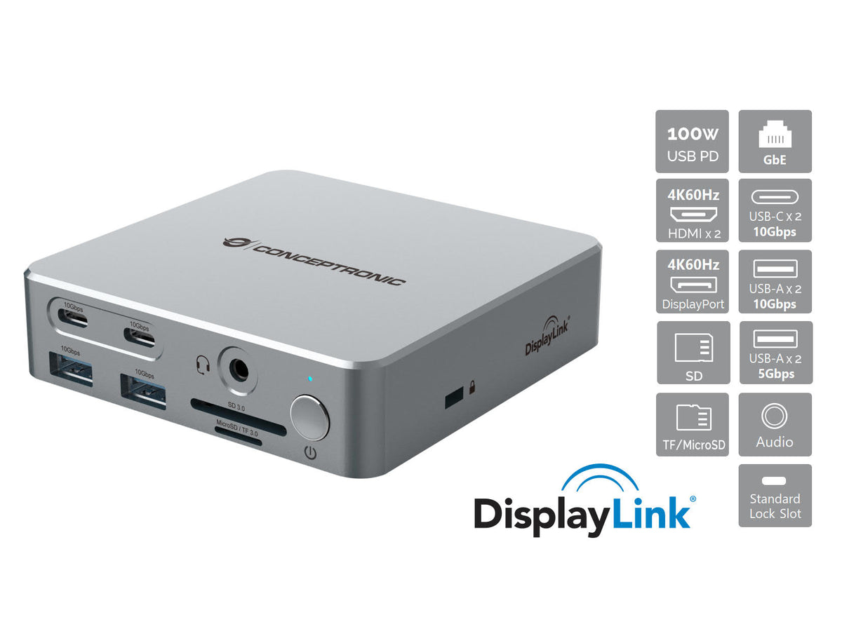 Conceptronic DONN25G 15-in-1 DisplayLink USB 3.2 Gen 2 Dockingstation, 4K60Hz Triple-Display, HDMI x 2, DisplayPort, USB-C 10 Gbit/s x 2, USB-A 10 Gbit/s x 2, USB-A 5 Gbit/s x 2, SD, TF/MicroSD, GbE, Audio, DC-Eingang, Sicherheitssteckplatz, PD 3,0