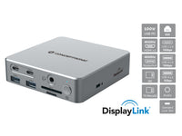Conceptronic DONN25G 15-in-1 DisplayLink USB 3.2 Gen 2 Dockingstation, 4K60Hz Triple-Display, HDMI x 2, DisplayPort, USB-C 10 Gbit/s x 2, USB-A 10 Gbit/s x 2, USB-A 5 Gbit/s x 2, SD, TF/MicroSD, GbE, Audio, DC-Eingang, Sicherheitssteckplatz, PD 3,0
