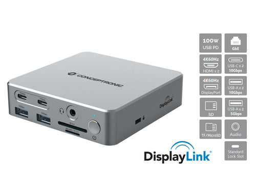 Conceptronic DONN25G 15-in-1 DisplayLink USB 3.2 Gen 2 Dockingstation, 4K60Hz Triple-Display, HDMI x 2, DisplayPort, USB-C 10 Gbit/s x 2, USB-A 10 Gbit/s x 2, USB-A 5 Gbit/s x 2, SD, TF/MicroSD, GbE, Audio, DC-Eingang, Sicherheitssteckplatz, PD 3,0