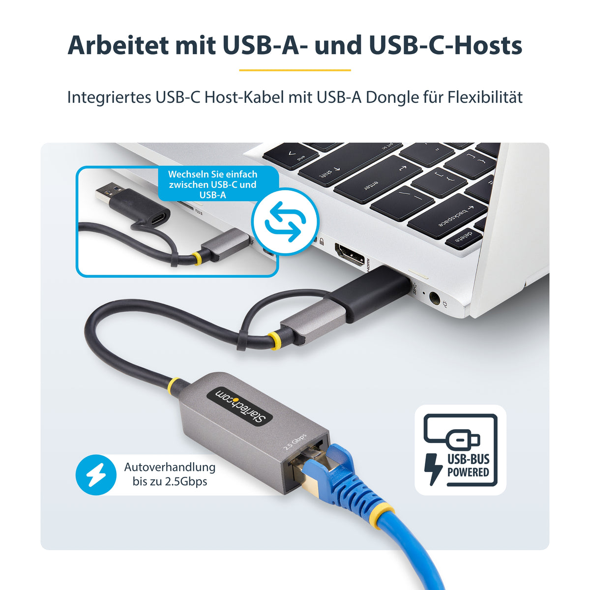 StarTech.com 2.5GbE USB C Ethernet Adapter mit USB-A Adapter, USB-C LAN-RJ45 Netzwerkadapter, USB 3.1 Typ-C 2.5Gb NIC, Thunderbolt & USB4 Kompatibel, Windows & Mac