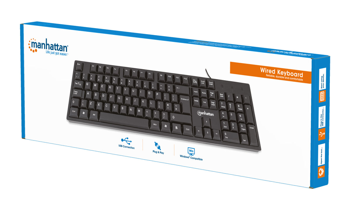 Manhattan USB-Tastatur, Kabelgebunden, 104 Tasten, integriertes USB-Kabel, LED-Anzeigen, schwarz