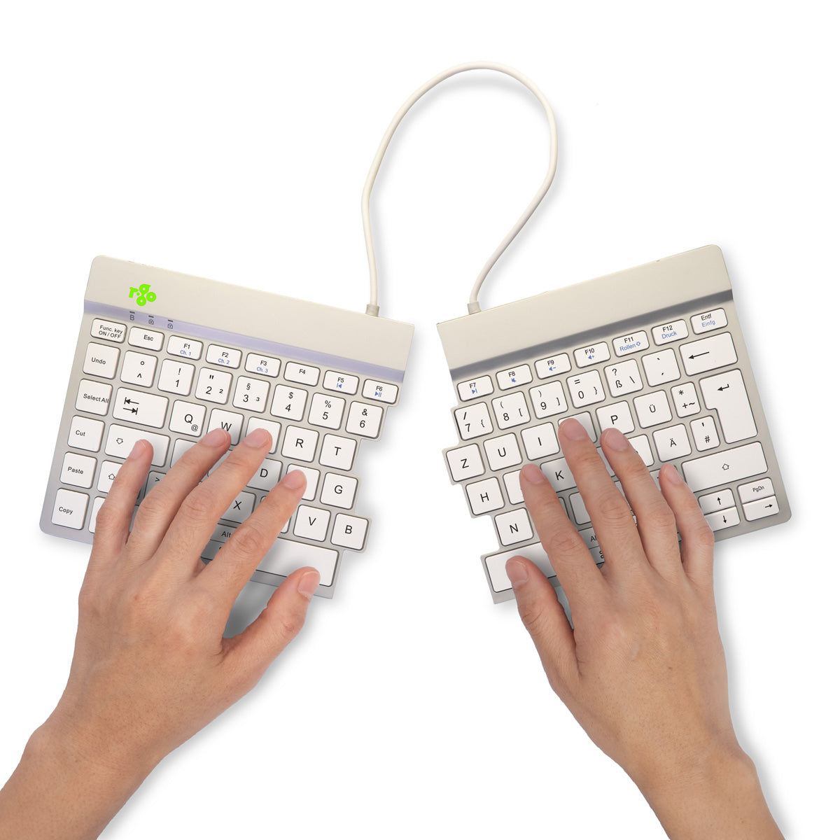 R-Go Tools Ergonomische Tastatur R-Go Split Break mit Pausensoftware, ergonomische geteilte Tastatur, QWERTZ (DE), kabellos, weiß