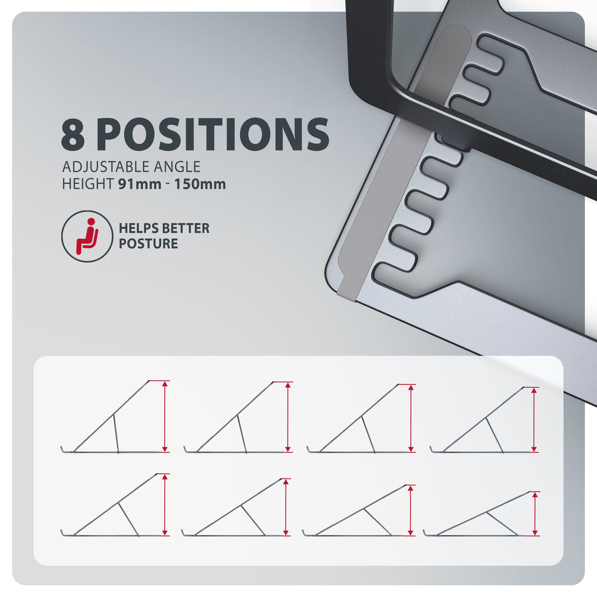 Axagon STND-LAG Aluminiumständer für Laptops und Tablets der Größe 10"–17.3". Acht Verstellbare Positionen. Graue Version.