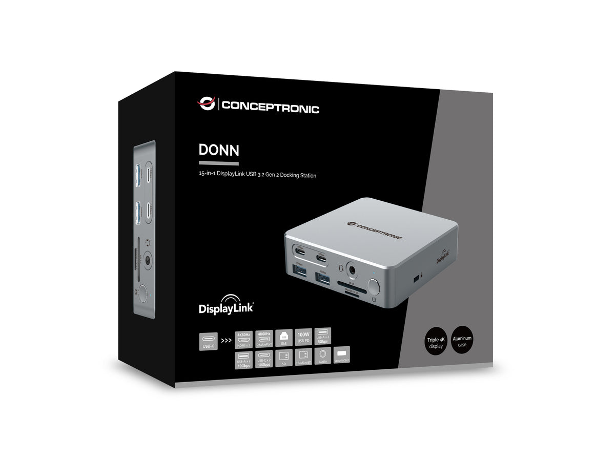 Conceptronic DONN25G 15-in-1 DisplayLink USB 3.2 Gen 2 Dockingstation, 4K60Hz Triple-Display, HDMI x 2, DisplayPort, USB-C 10 Gbit/s x 2, USB-A 10 Gbit/s x 2, USB-A 5 Gbit/s x 2, SD, TF/MicroSD, GbE, Audio, DC-Eingang, Sicherheitssteckplatz, PD 3,0