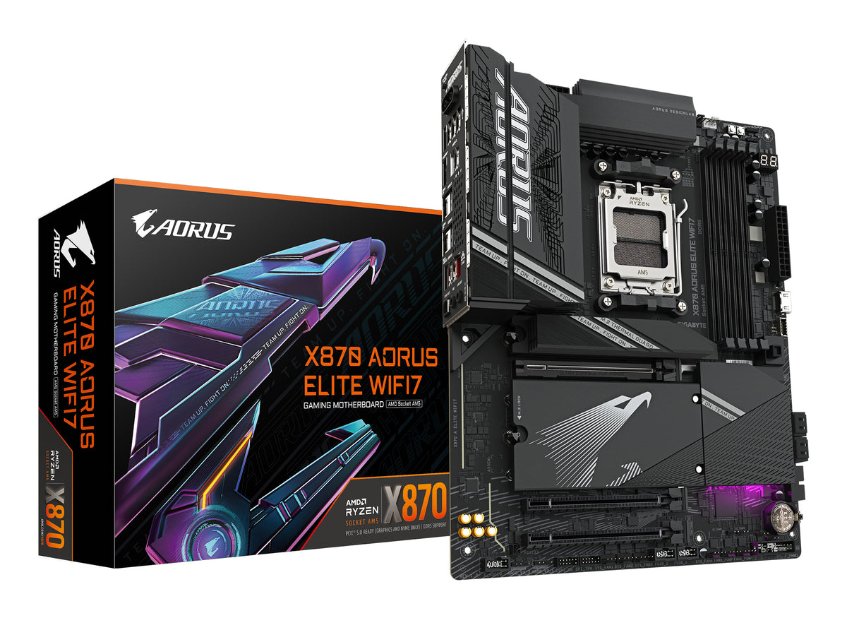 GIGABYTE X870 AORUS ELITE WIFI7 Mainboard - Unterstützt AMD Ryzen 9000 CPUs, 16+2+2 Phasen VRM, bis zu 8000MHz DDR5 (OC), 3xPCIe 5.0 + 1xPCIe 4.0, Wi-Fi 7, 2.5GbE LAN, USB 4