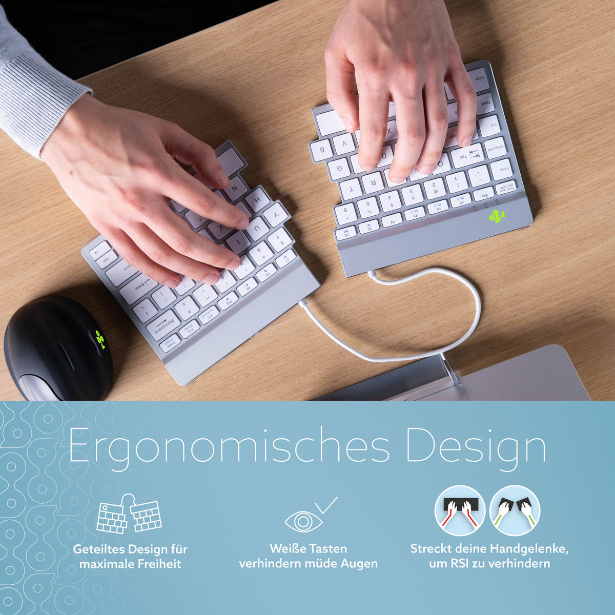 R-Go Tools Ergonomische Tastatur R-Go Split Break mit Pausensoftware, ergonomische geteilte Tastatur, QWERTY (US), kabellos, weiß