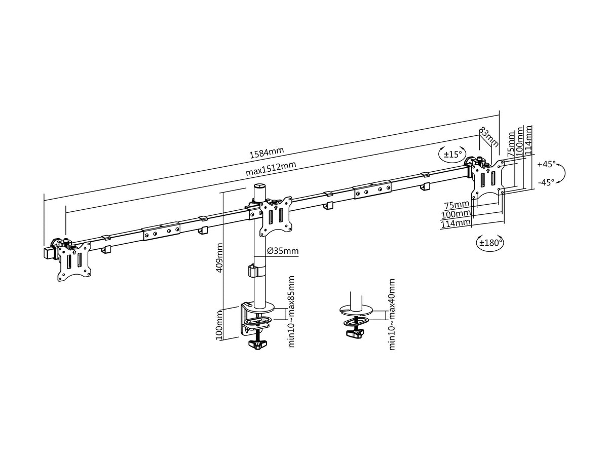 Equip 17"-32" Dreifach schwenkbare Monitor-Schreibtischhalterung