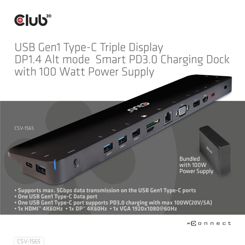 CLUB3D Dockingstation USB Gen1 Typ-C Dreifach-Display DP1.4 Alt-Modus Smart PD3.0 mit 100-Watt-Netzteil