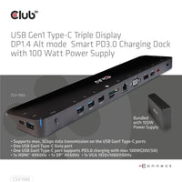 CLUB3D Dockingstation USB Gen1 Typ-C Dreifach-Display DP1.4 Alt-Modus Smart PD3.0 mit 100-Watt-Netzteil
