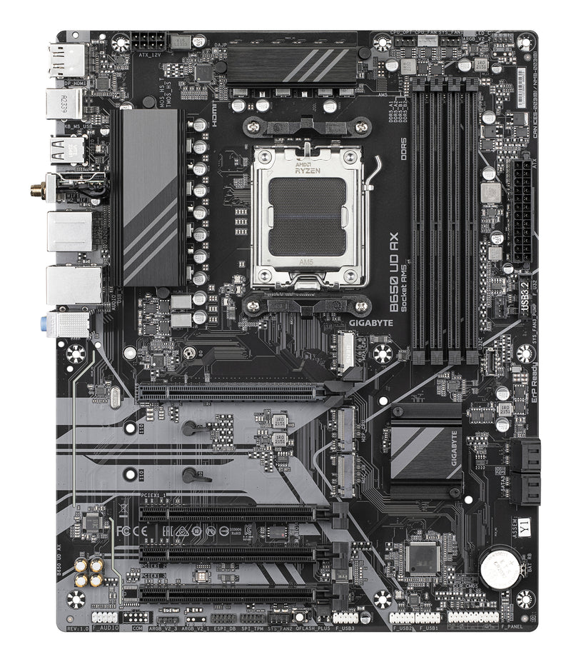 GIGABYTE B650 UD AX Motherboard - Unterstützt AMD Ryzen 9000 Serie CPUs, 6+2+2 Phasen VRM, bis zu 7600MHz DDR5 (OC), 1x PCIe 5.0 + 2x PCIe 4.0 M.2, GbE LAN, Wi-Fi 6, USB 3.2 Gen 2