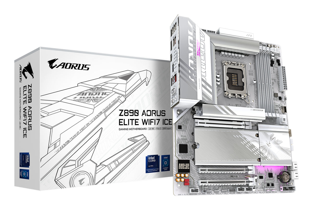 GIGABYTE Z890 AORUS ELITE WIFI7 ICE Mainboard - Unterstützt Intel Core Ultra (Serie 2) CPUs, 16+1+2 Phasen VRM, bis zu 8800MHz DDR5 (OC), 1xPCIe 5.0 + 3xPCIe 4.0, Wi-Fi 7, 2.5GbE LAN, Thunderbolt 4