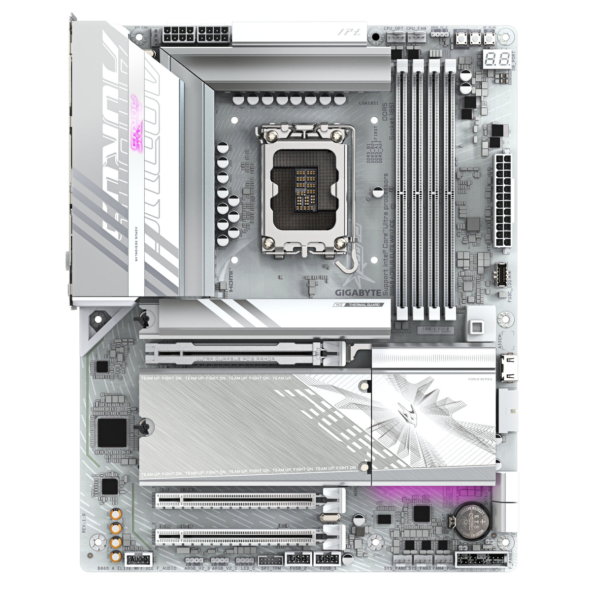 GIGABYTE B860 AORUS ELITE WIFI7 ICE Mainboard - Intel Core Ultra CPUs, 14+1+2+1 Phasen VRM, bis zu 9200MHz DDR5, 1xPCIe 5.0 + 2xPCIe 4.0 M.2, 2,5 GbE LAN, WIFI 7, USB 4
