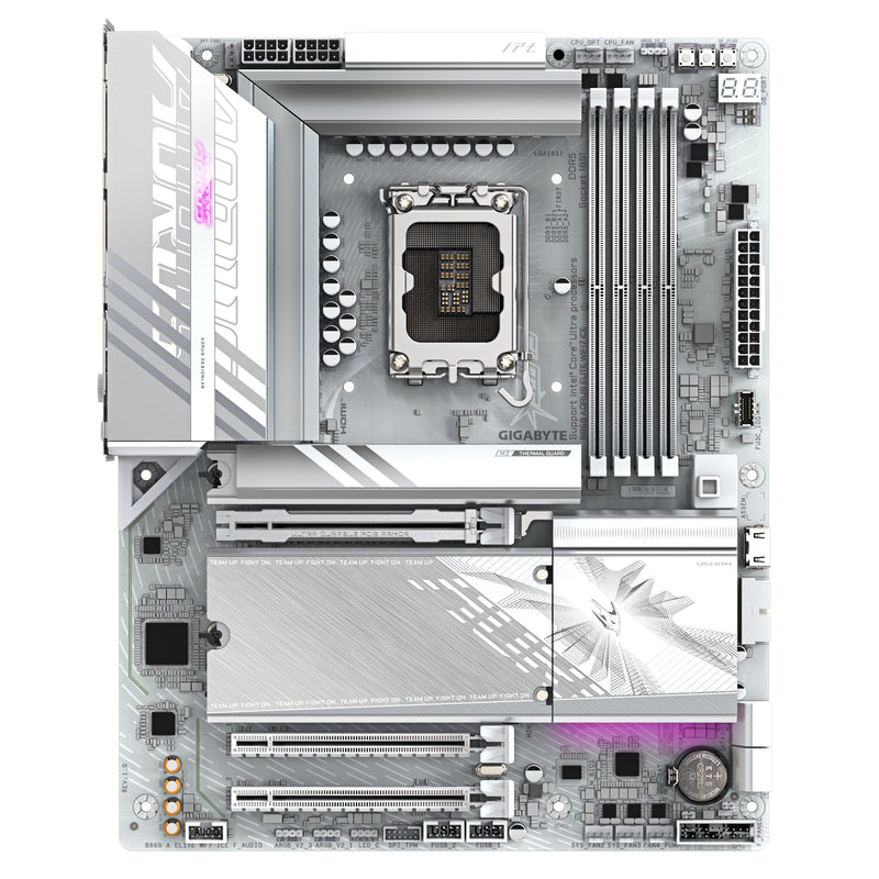 GIGABYTE B860 AORUS ELITE WIFI7 ICE Mainboard - Intel Core Ultra CPUs, 14+1+2+1 Phasen VRM, bis zu 9200MHz DDR5, 1xPCIe 5.0 + 2xPCIe 4.0 M.2, 2,5 GbE LAN, WIFI 7, USB 4