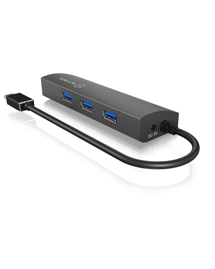 ICY BOX IB-HUB1406-C, USB Type-C® zu 3 Port USB 3.2 Gen 1 Hub + GigaLAN Ethernet, Alu-Gehäuse