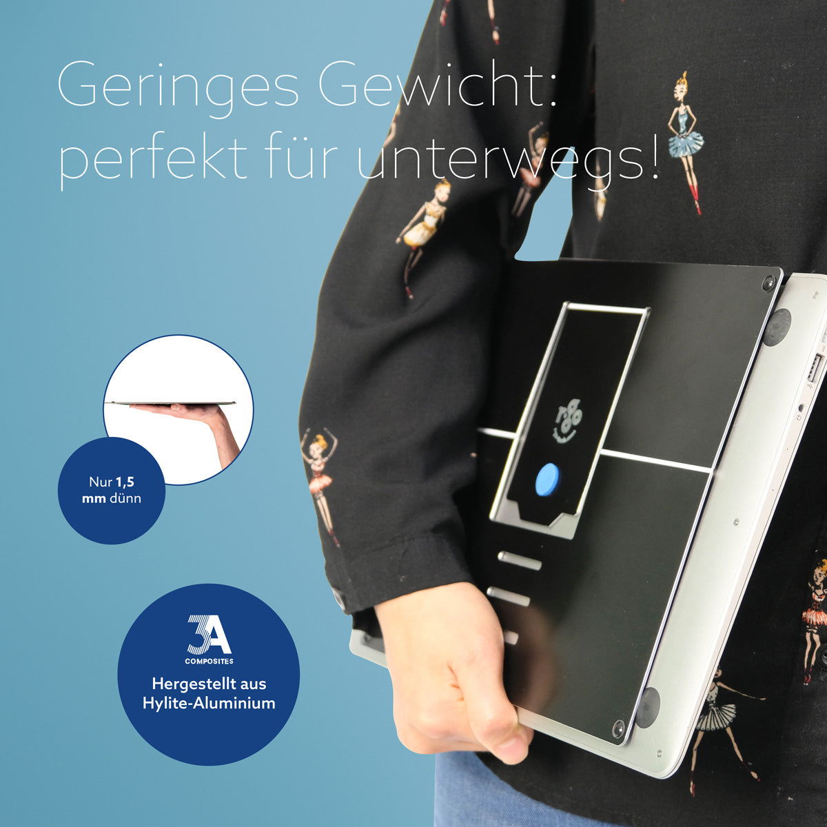 R-Go Tools Laptopständer R-Go Riser Attachable, verstellbar, integriert auf Ihrem Laptop, Aluminium, schwarz