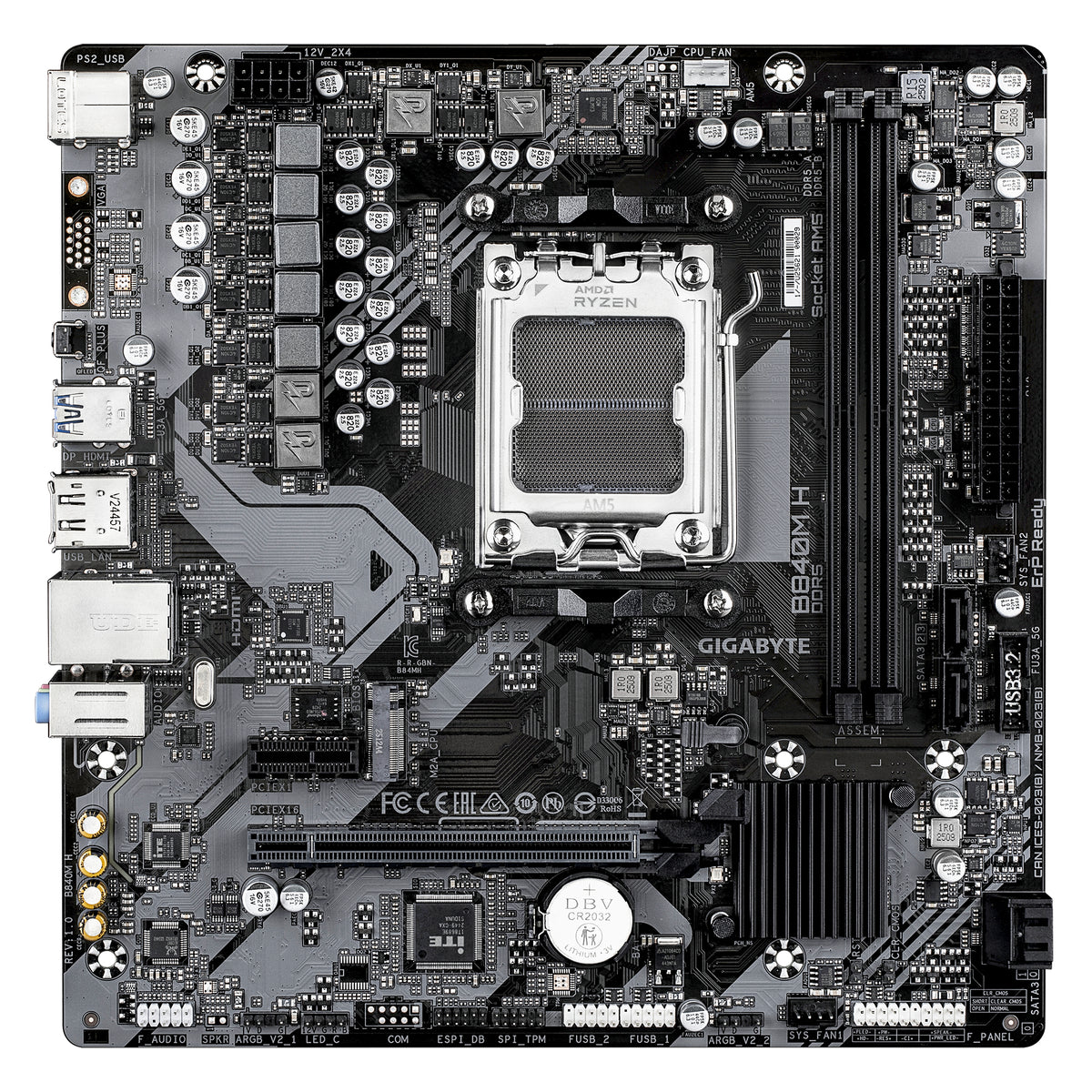 GIGABYTE B840M H Mainboard - AMD Ryzen 9000 CPUs, 5+2+2 Phasen VRM, bis zu 7200MHz DDR5 (O.C), 1xPCIe 4.0 M.2, 1GbE LAN, USB 3.2 Gen 1