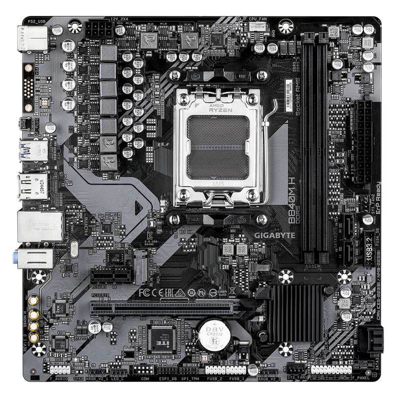 GIGABYTE B840M H Mainboard - AMD Ryzen 9000 CPUs, 5+2+2 Phasen VRM, bis zu 7200MHz DDR5 (O.C), 1xPCIe 4.0 M.2, 1GbE LAN, USB 3.2 Gen 1