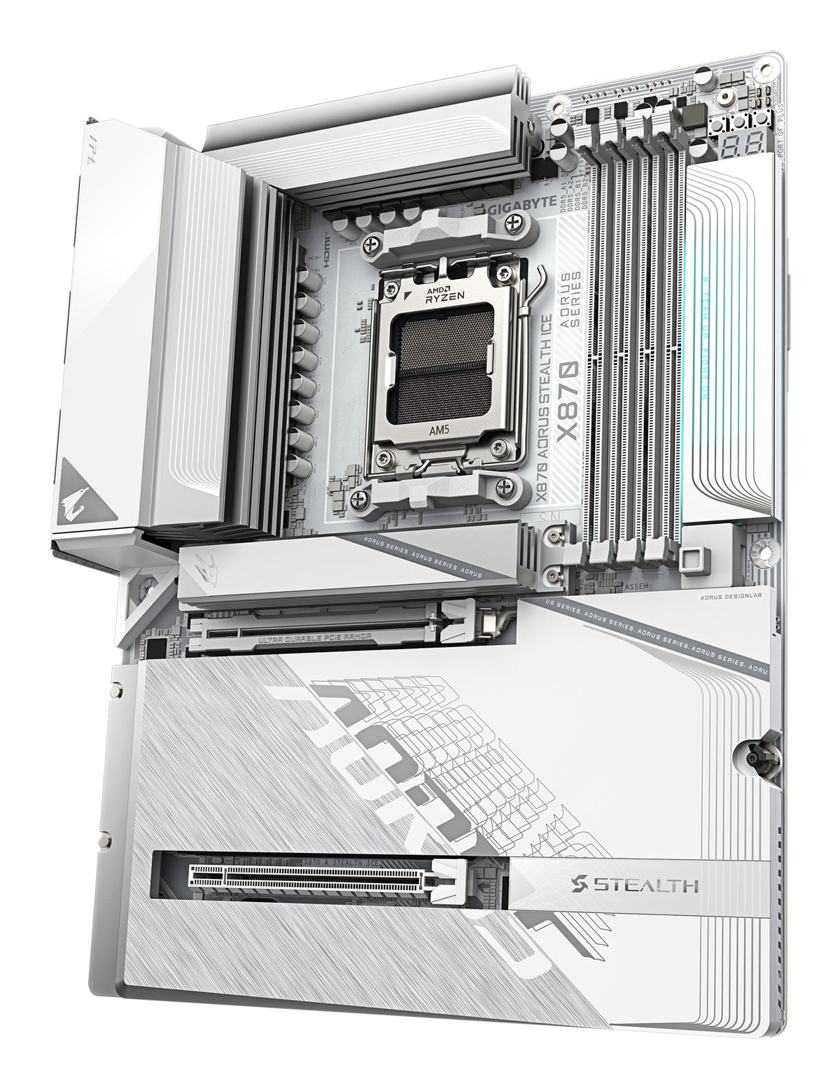 GIGABYTE X870 AORUS STEALTH ICE Mainboard – Unterstützt AMD Ryzen 9000 CPUs, digitales 16+2+2 Phasen VRM, bis zu 8200 MHz DDR5 (OC), 2 x PCIe 5.0 + 2 x PCIe 4.0, Wi-Fi 7, 5 GbE LAN, USB 4