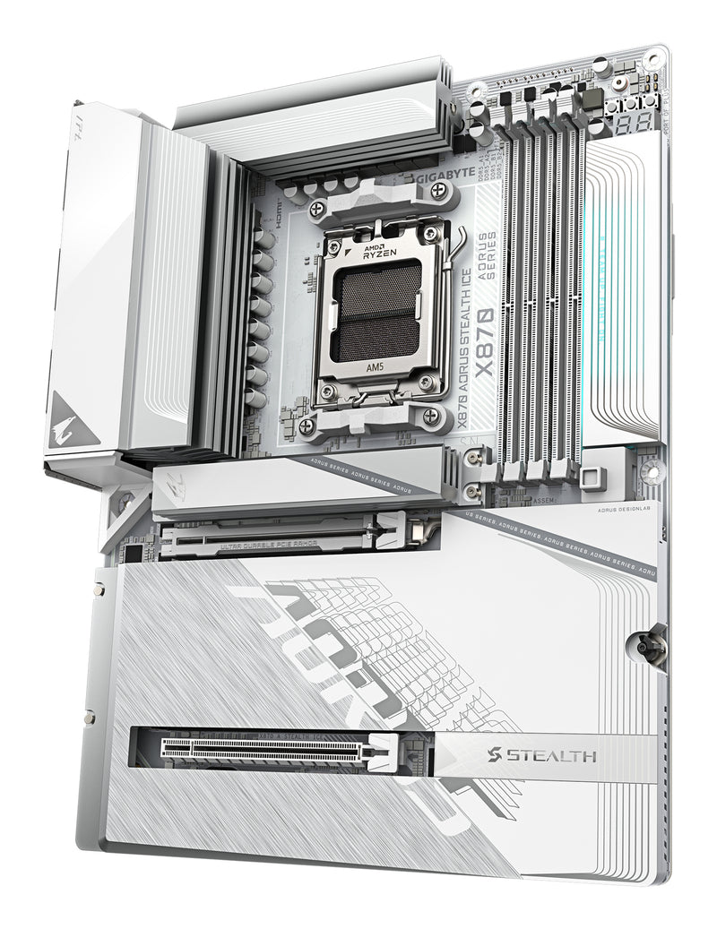 GIGABYTE X870 AORUS STEALTH ICE Mainboard – Unterstützt AMD Ryzen 9000 CPUs, digitales 16+2+2 Phasen VRM, bis zu 8200 MHz DDR5 (OC), 2 x PCIe 5.0 + 2 x PCIe 4.0, Wi-Fi 7, 5 GbE LAN, USB 4