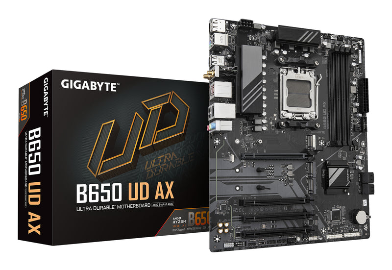 GIGABYTE B650 UD AX Motherboard - Unterstützt AMD Ryzen 9000 Serie CPUs, 6+2+2 Phasen VRM, bis zu 7600MHz DDR5 (OC), 1x PCIe 5.0 + 2x PCIe 4.0 M.2, GbE LAN, Wi-Fi 6, USB 3.2 Gen 2