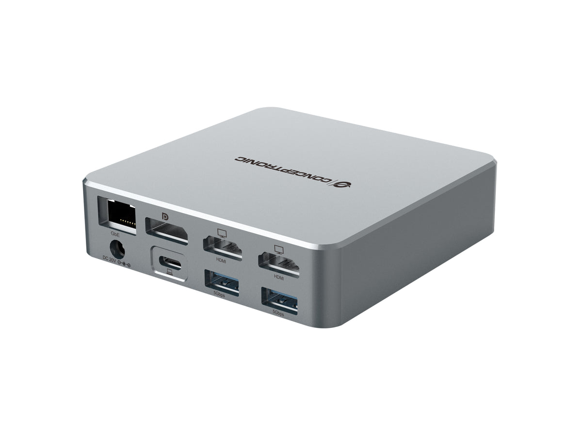Conceptronic DONN25G 15-in-1 DisplayLink USB 3.2 Gen 2 Dockingstation, 4K60Hz Triple-Display, HDMI x 2, DisplayPort, USB-C 10 Gbit/s x 2, USB-A 10 Gbit/s x 2, USB-A 5 Gbit/s x 2, SD, TF/MicroSD, GbE, Audio, DC-Eingang, Sicherheitssteckplatz, PD 3,0
