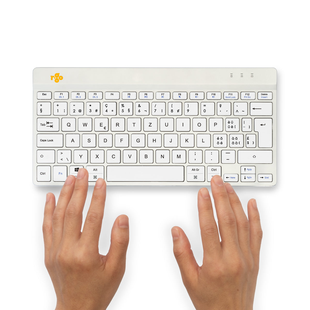 R-Go Tools Ergonomische Tastatur R-Go Compact Break, kompakte Tastatur mit Pausensoftware, QWERTZ (CH), Bluetooth, Weiß