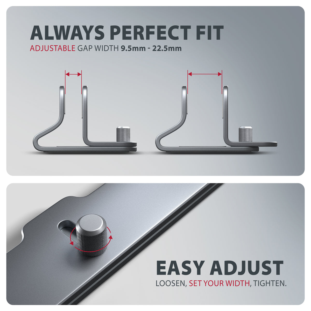 Axagon STND-VG Aluminiumständer für die vertikale Platzierung von Laptops mit einer Größe von 10"–17.3". Einstellbare Schlitzbreite 9.5–25.5 mm. Graue Version.