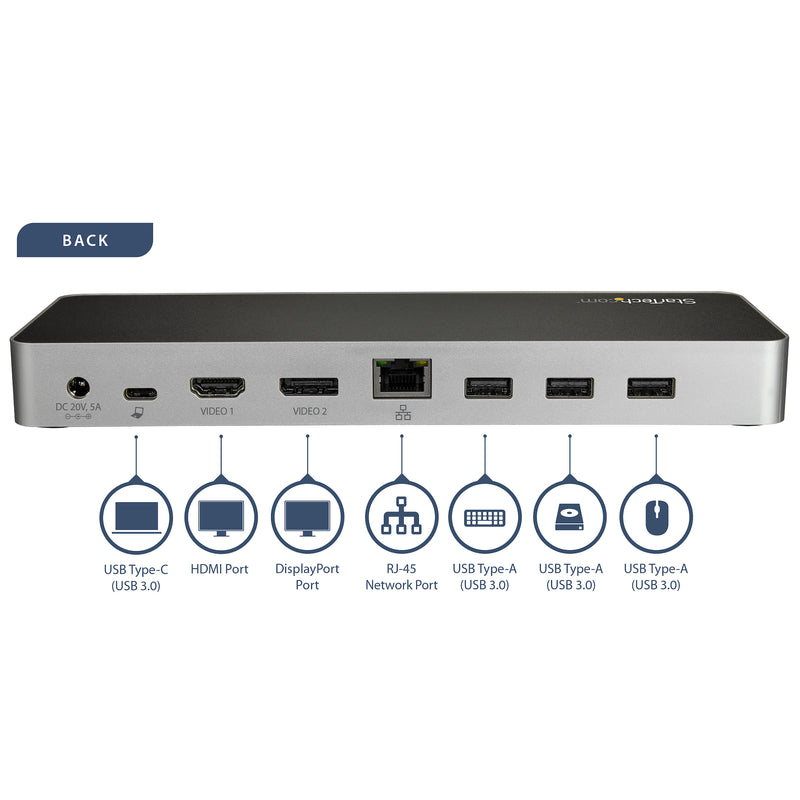 StarTech.com USB-C Dockingstation - Zwei Monitore HDMI & DP 4K 30Hz - USB-C Laptop Docking station 60W Power Delivery, SD, 4 Port USB-A 3.0 Hub, GbE, Audio - Thunderbolt 3 kompatibel