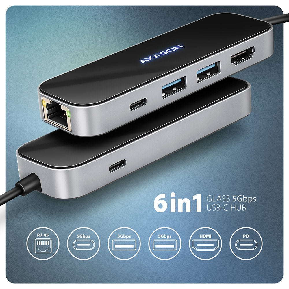 Axagon HMC-6GLN USB 5Gbps hub, 2x USB-A, USB-C, HDMI 4k/60Hz, RJ-45, PD 100W, USB-C Kabel