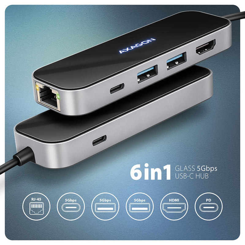 Axagon HMC-6GLN USB 5Gbps hub, 2x USB-A, USB-C, HDMI 4k/60Hz, RJ-45, PD 100W, USB-C Kabel