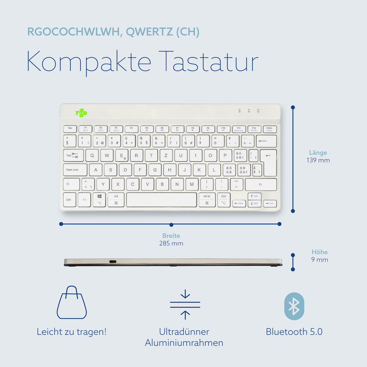 R-Go Tools Ergonomische Tastatur R-Go Compact Break, kompakte Tastatur mit Pausensoftware, QWERTZ (CH), Bluetooth, Weiß