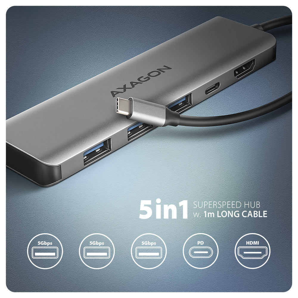 Axagon HMC-5H USB-C 3.2 Gen 1 hub 3x USB-A 4K HDMI PD 100W - Silber Kabelgebunden USB 3.2 Gen 1 (3.1 Gen 1) Type-C