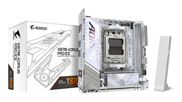 GIGABYTE X870I AORUS PRO ICE Mainboard - Unterstützt AMD Ryzen 9000er-Serie CPUs, 8+2+1 Phasen VRM, bis zu 8400 MHz DDR5 (OC), 1xPCIe 5.0 M.2 + 1xPCIe 4.0 M.2, WI-FI 7, 2,5 GbE LAN, USB 4
