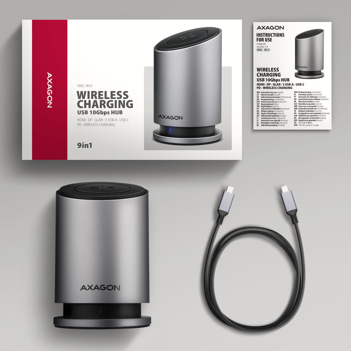Axagon HMC-WL9 USB-C 10Gbps-Dockingstation mit 15 W kabellosem Laden 9in1
