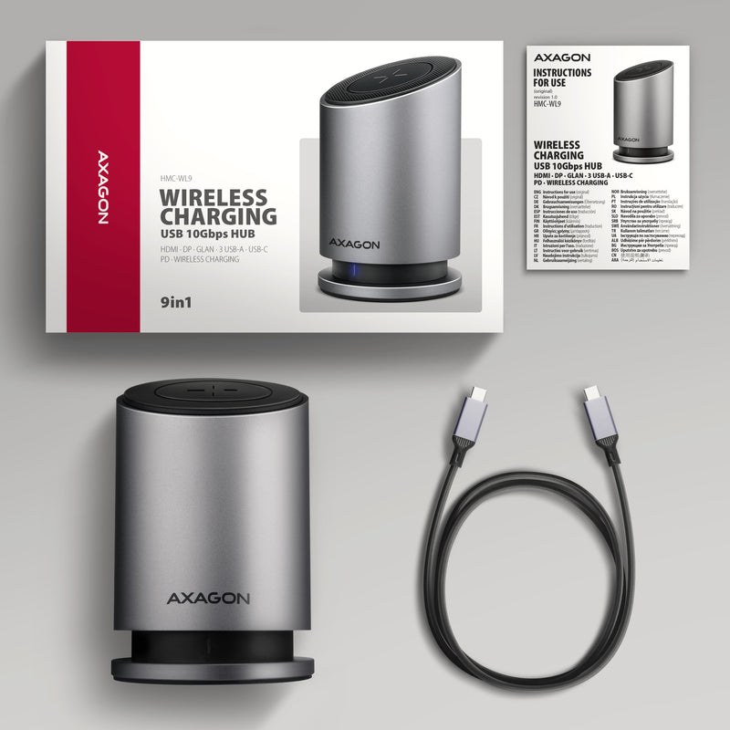 Axagon HMC-WL9 USB-C 10Gbps-Dockingstation mit 15 W kabellosem Laden 9in1