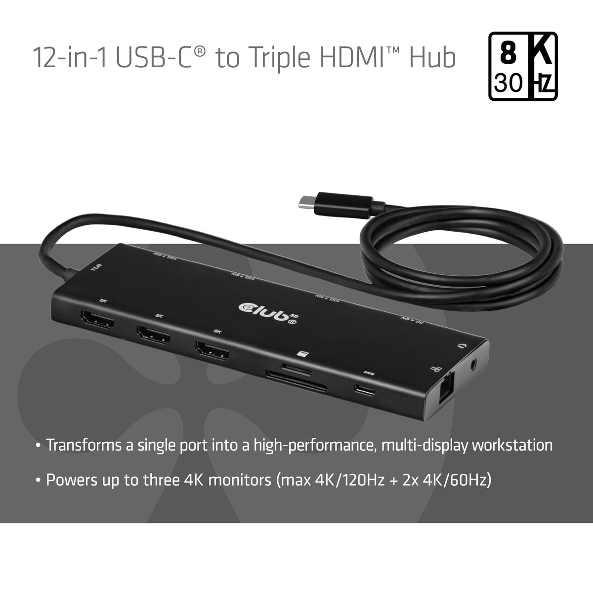 CLUB3D 12-in-1 USB-C® auf Triple HDMI™ Hub DP2.1 PD3.0 100W 1m