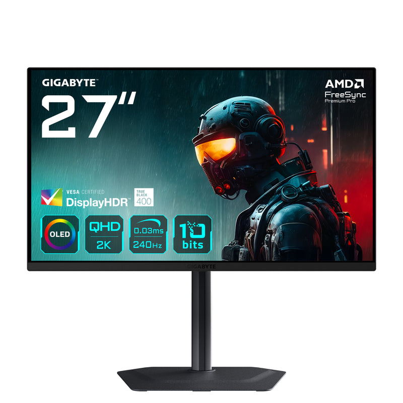 GIGABYTE MO27Q2 27" OLED QHD Gaming Monitor - 2560 x 1440, 240Hz, 0.03ms, 250 cd/m², Display HDR True Black 400, HDMI 2.1, DisplayPort 1.4