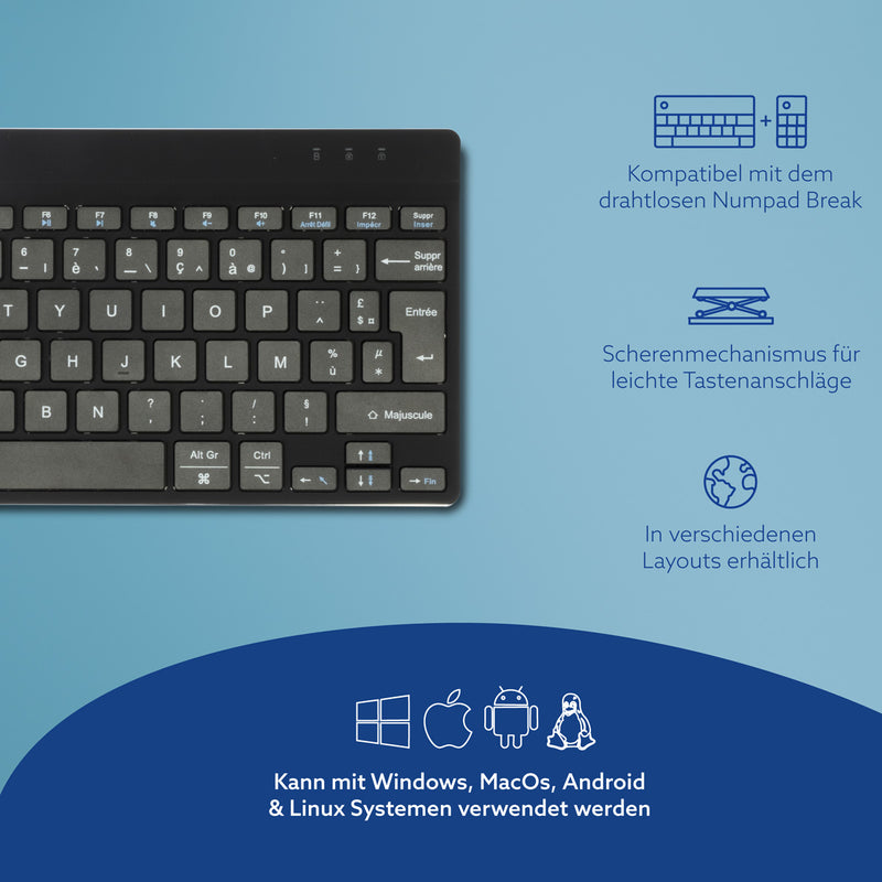 R-Go Tools Ergonomische Tastatur R-Go Compact Break, kompakte Tastatur mit Pausensoftware, AZERTY (FR), Bluetooth, Schwarz