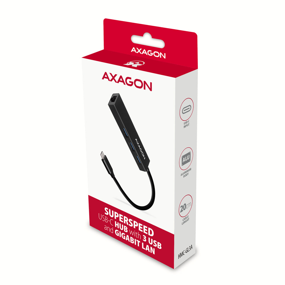 Axagon HMC-GL3A USB-C-Hub 3x USB-A Gbit-LAN schwarz Kabelgebunden USB 3.2 Gen 1 (3.1 Gen 1) Type-C