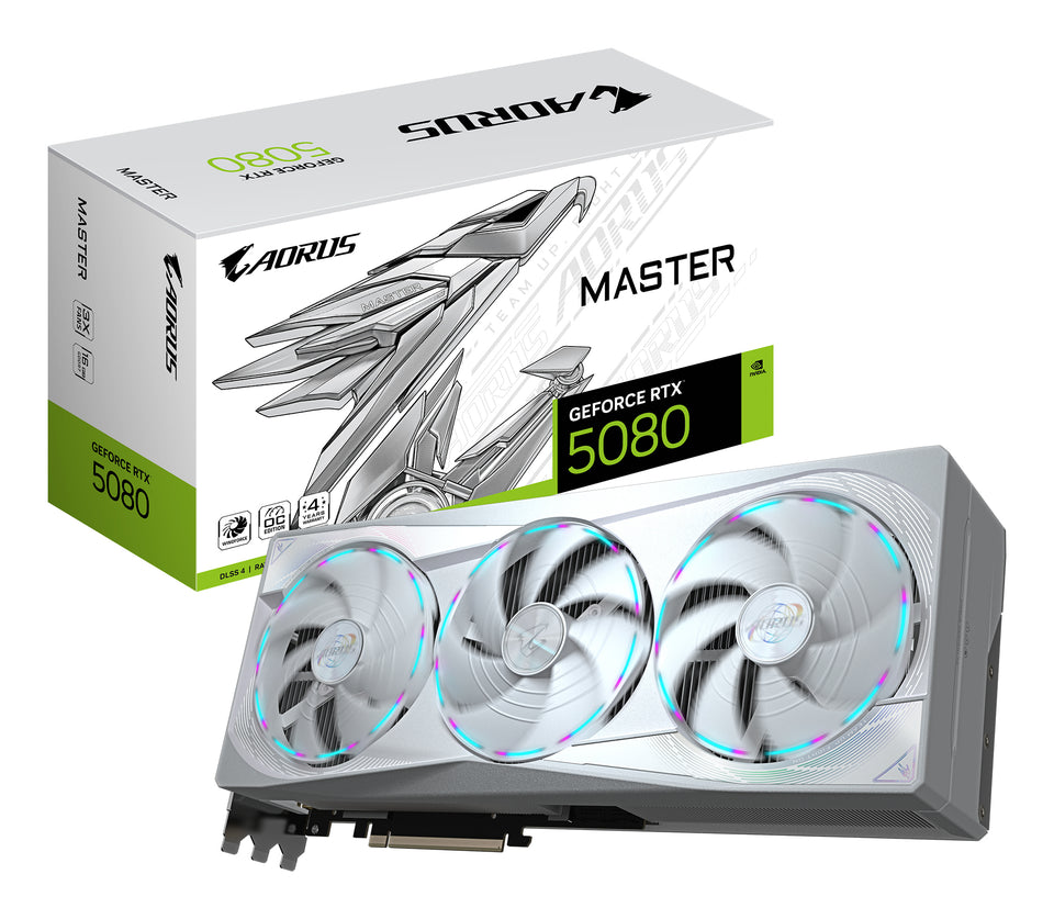 Carte graphique GIGABYTE AORUS GeForce RTX 5080 MASTER ICE 16G - 16 Go GDDR7, 256 bits, PCI-E 5.0, fréquence d'horloge de 2805 MHz, 3 x DP 2.1a, 1 x HDMI 2.1b, NVIDIA DLSS 4, GV-N5080AORUSM ICE-16GD