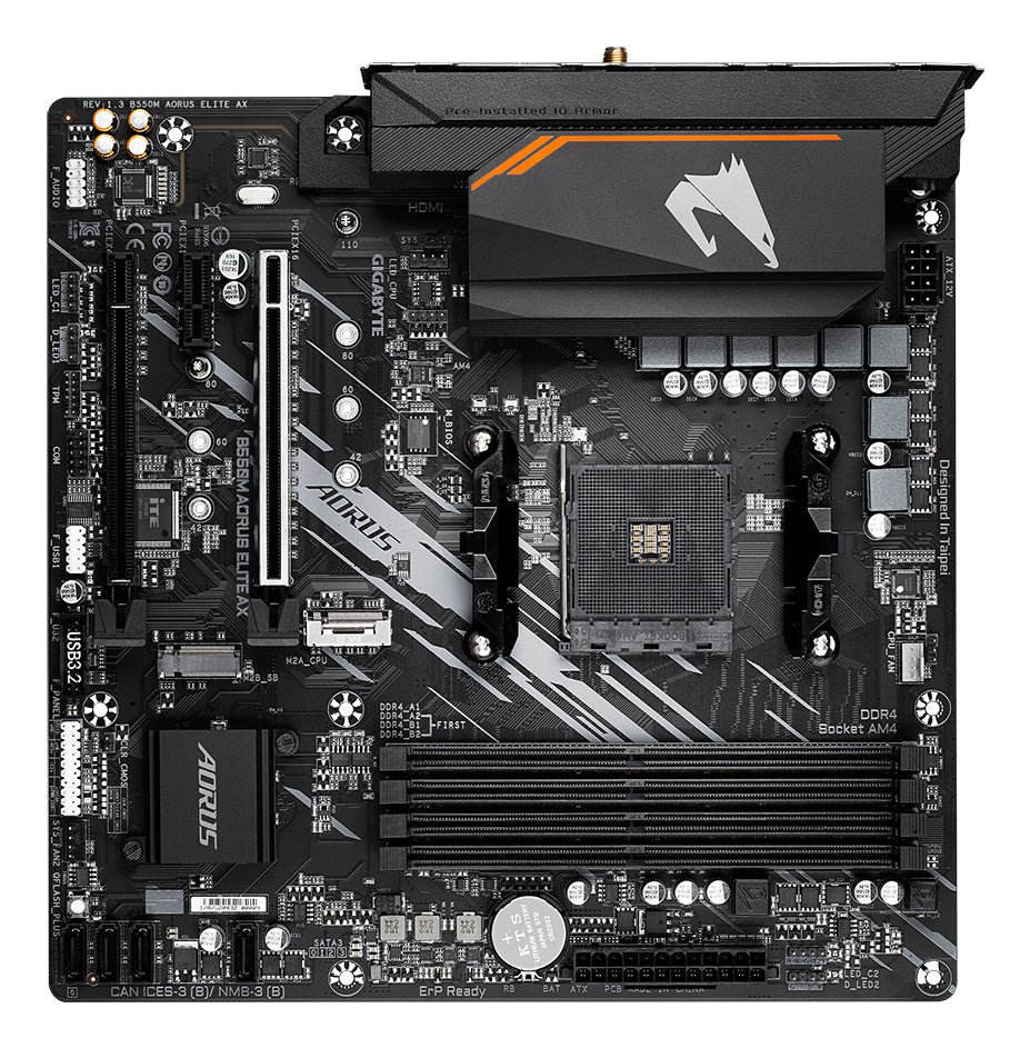 GIGABYTE B550M AORUS ELITE AX Mainboard – AMD Ryzen 5000 CPUs, 5+3 Phasen VRM, bis zu 4733 MHz DDR4, 1xPCIe 4.0 + 1xPCIe 3.0 M.2, Wi-Fi 6E, 1GbE LAN, USB 3.2 Gen 1
