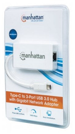 Manhattan USB-C auf 3-Port Hub mit Gigabit-Ethernet-Netzwerkadapter, USB 3.1 Gen 1 (5 Gbit/s) auf 10/100/1000 Mbit/s Gigabit Ethernet