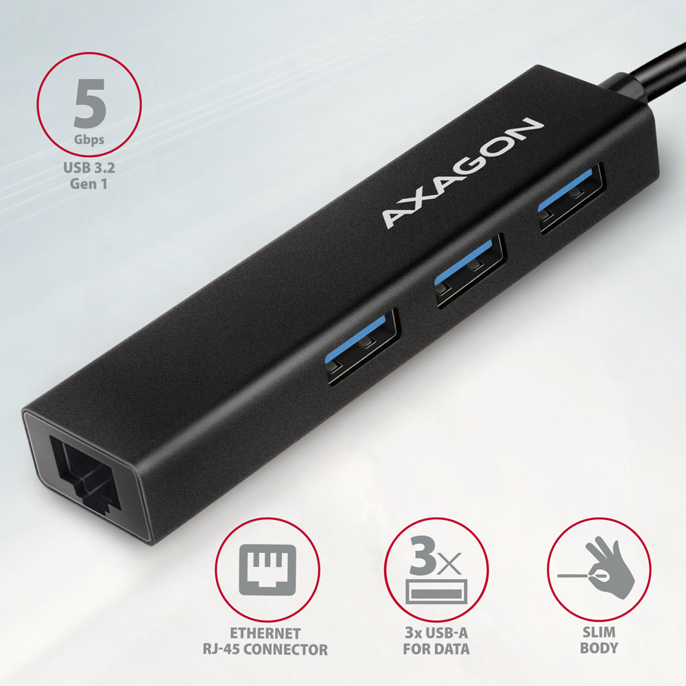 Axagon HMC-GL3A USB-C-Hub 3x USB-A Gbit-LAN schwarz Kabelgebunden USB 3.2 Gen 1 (3.1 Gen 1) Type-C