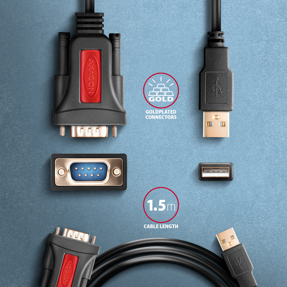Axagon ADS-1PSN USB-A 2.0 - serial RS-232 DB9-M Prolific adapter cable 1.5m - Adapter - Digital/Daten Serien-Kabel Schwarz 1,5 m USB Typ-A