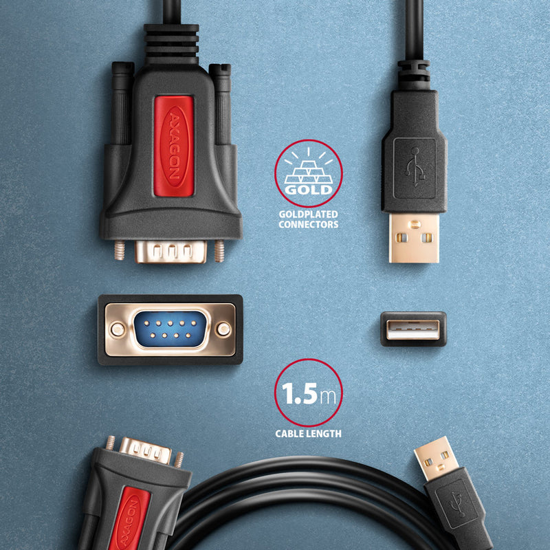 Axagon ADS-1PSN USB-A 2.0 - serial RS-232 DB9-M Prolific adapter cable 1.5m - Adapter - Digital/Daten Serien-Kabel Schwarz 1,5 m USB Typ-A