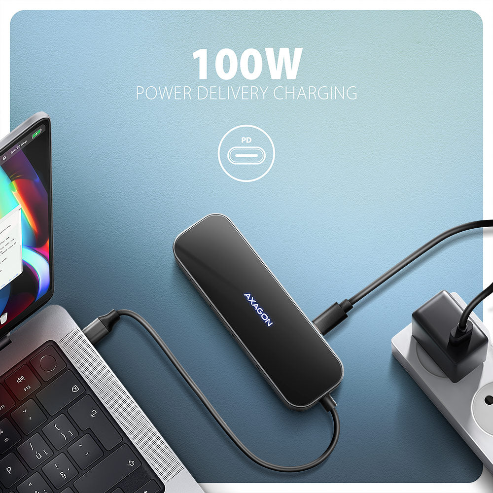 Axagon HMC-6GLN USB 5Gbps hub, 2x USB-A, USB-C, HDMI 4k/60Hz, RJ-45, PD 100W, USB-C Kabel