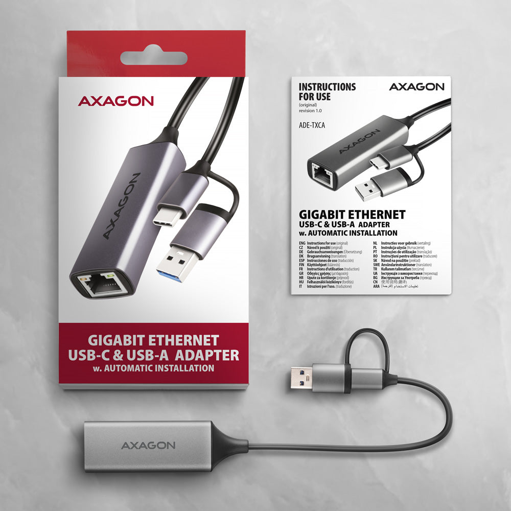 Axagon ADE-TXCA Gigabit Ethernet Adapter USB-C+ USB-A - titangrau - Adapter - Digital/Daten 1000 Mbit/s