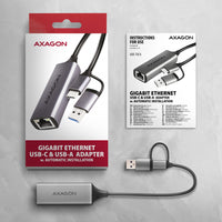 Axagon ADE-TXCA Gigabit Ethernet Adapter USB-C+ USB-A - titangrau - Adapter - Digital/Daten 1000 Mbit/s