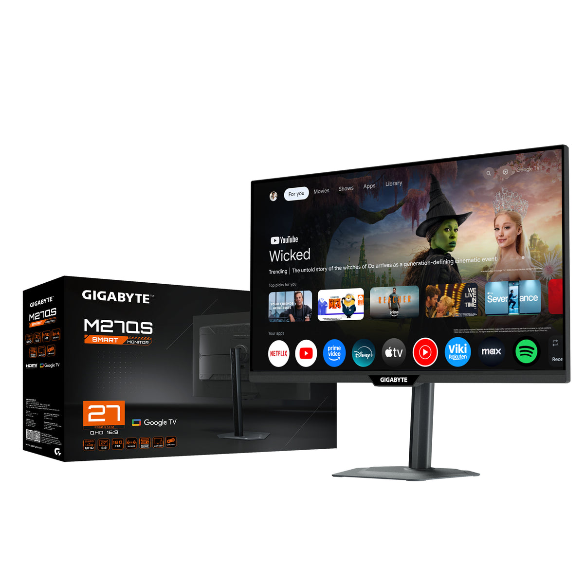 GIGABYTE M27QS 27” 2K QHD Smart-Monitor - Google TV, Drahtlose Anzeige, 2560 x 1440, 180Hz, 1ms, 350 cd/m², FreeSync, Display HDR400, HDMI 2.0, DisplayPort 1.4
